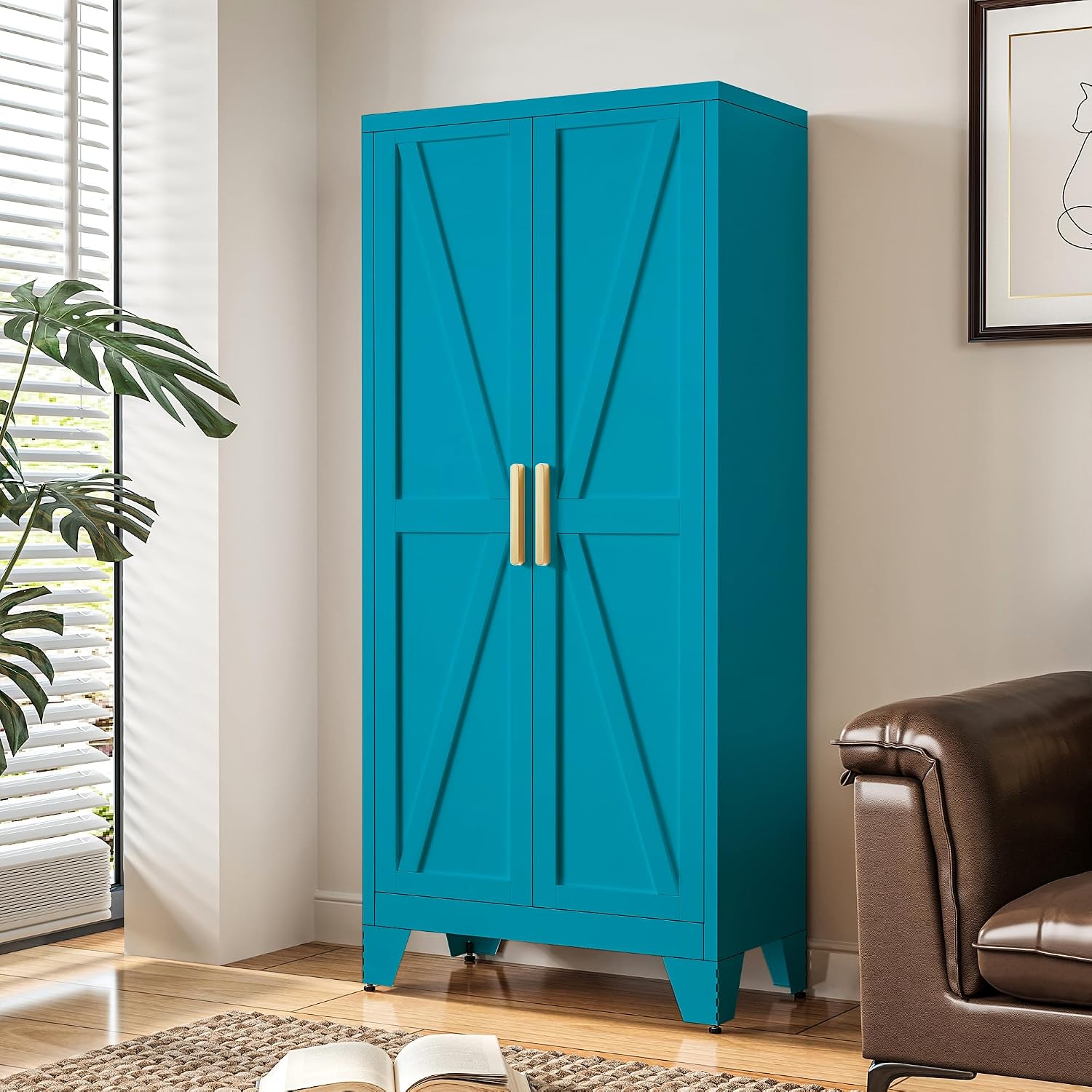 LCAOPC 61' Tall Metal Storage Cabinet with 2 Doors and 3 Adjustable Shelves, 4-Tier Kitchen Pantry Storage Cabinet for Kitchen, Living Room, Dining Room and Office, Blue