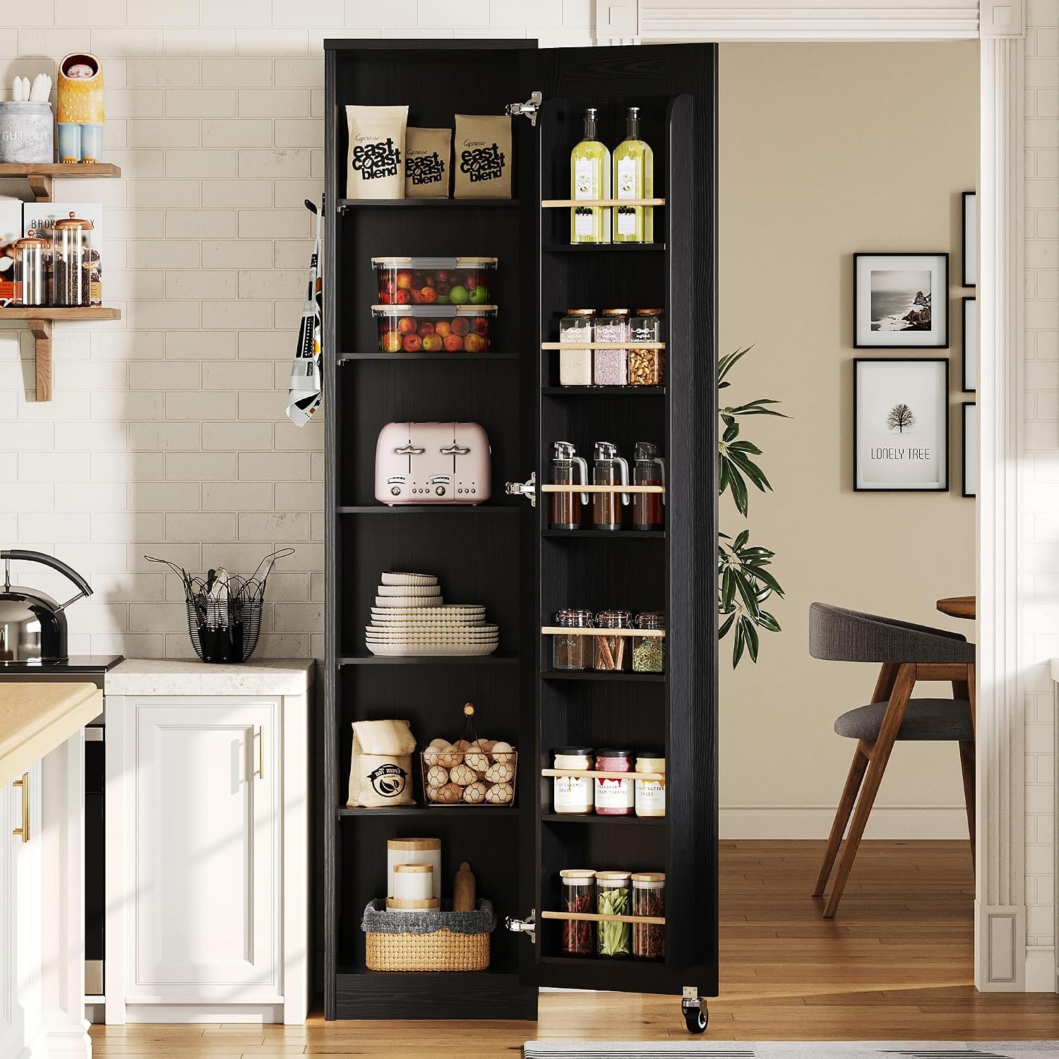 IRONCK Narrow Kitchen Pantry Storage Cabinet, 72' Slim Single Door with 6 Adjustable Shelves, Door Rack and Wheels, Space Saving Freestanding Storage Floor Cabinet for Small Place, Black