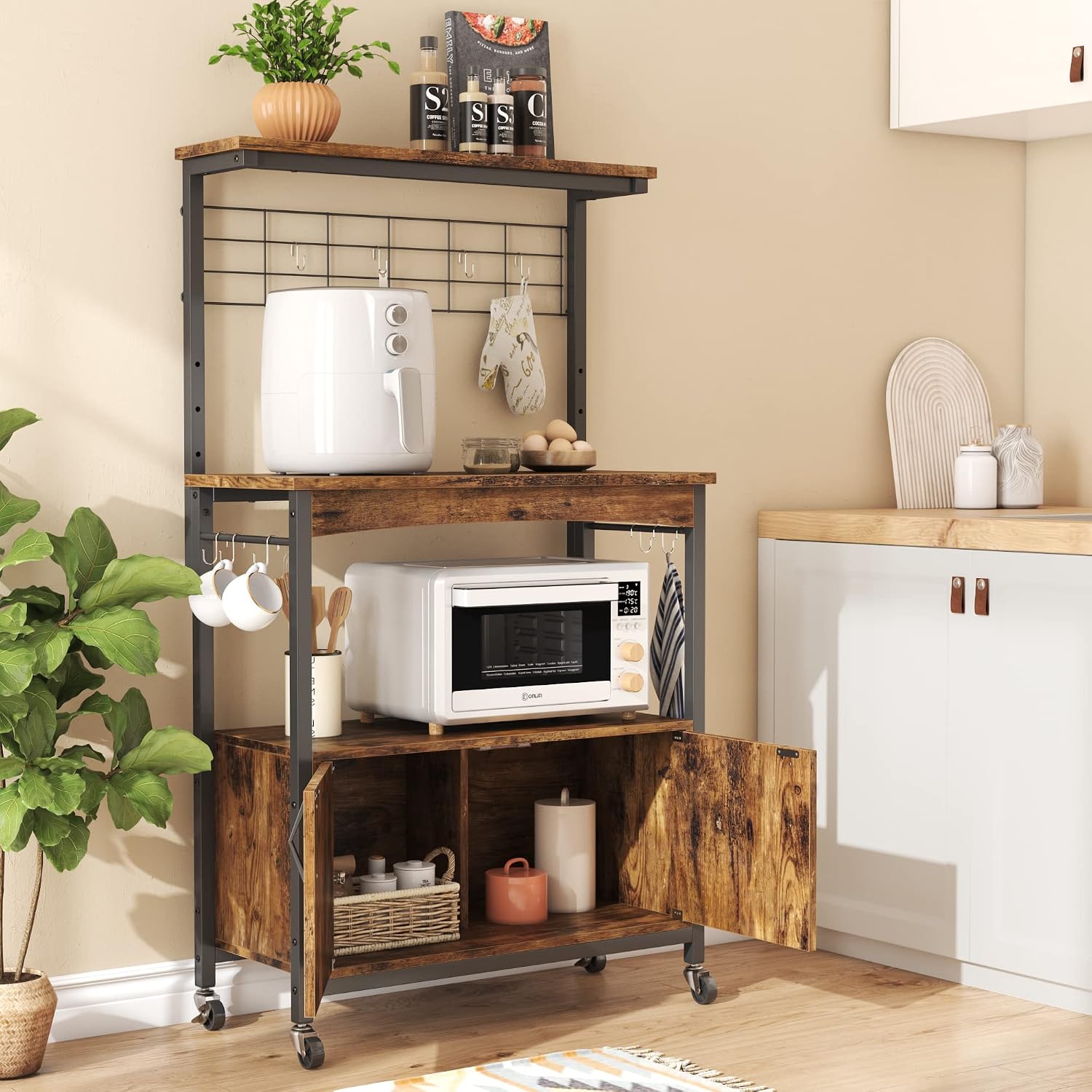 Bestier Bakers Racks with Storage Cabinet, Height-Adjustable 45' to 55' Microwave Stand for Kitchen with Wheels & Feet, Industrial Rolling Coffee Bar Shelf with 10 S-Hooks Rustic Brown