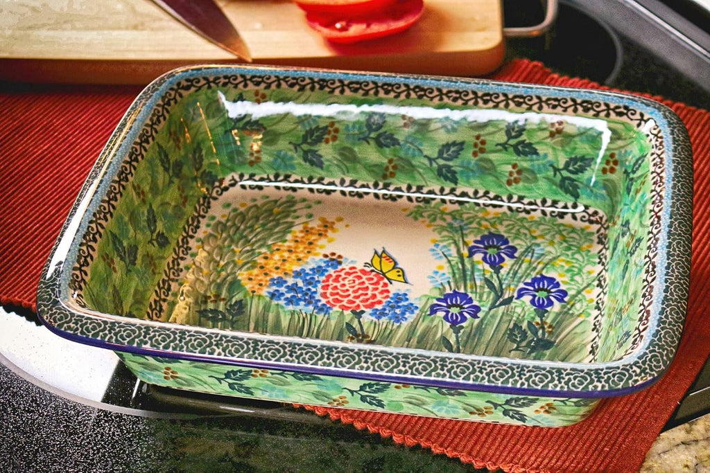 Blue Rose Polish Pottery - Green Teresa Medium Rectangular Baker - 12.25' x 10' - Unique, Dishwasher Safe, & Durable Bakeware