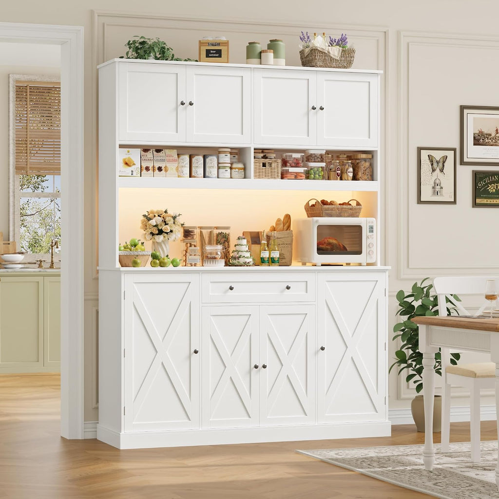 HIFIT 72.8' Tall Kitchen Pantry Cabinet with LED & Charging Station, 55' Wide Farmhouse Pantry Storage Cabinet with Microwave Stand&Shelves&Barn Doors, Kitchen Hutch Coffee Bar for Living Room, White