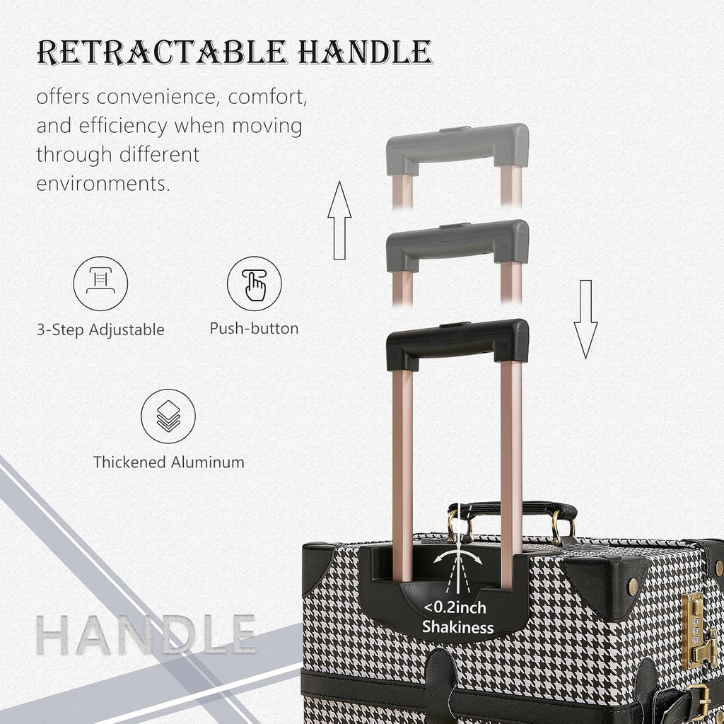 UNIWALKER Vintage Carry on Luggage Set, 2 Piece Retro Spinner Trunk Suitcase with Cosmetic Train Case for Women (20'+12', grid)