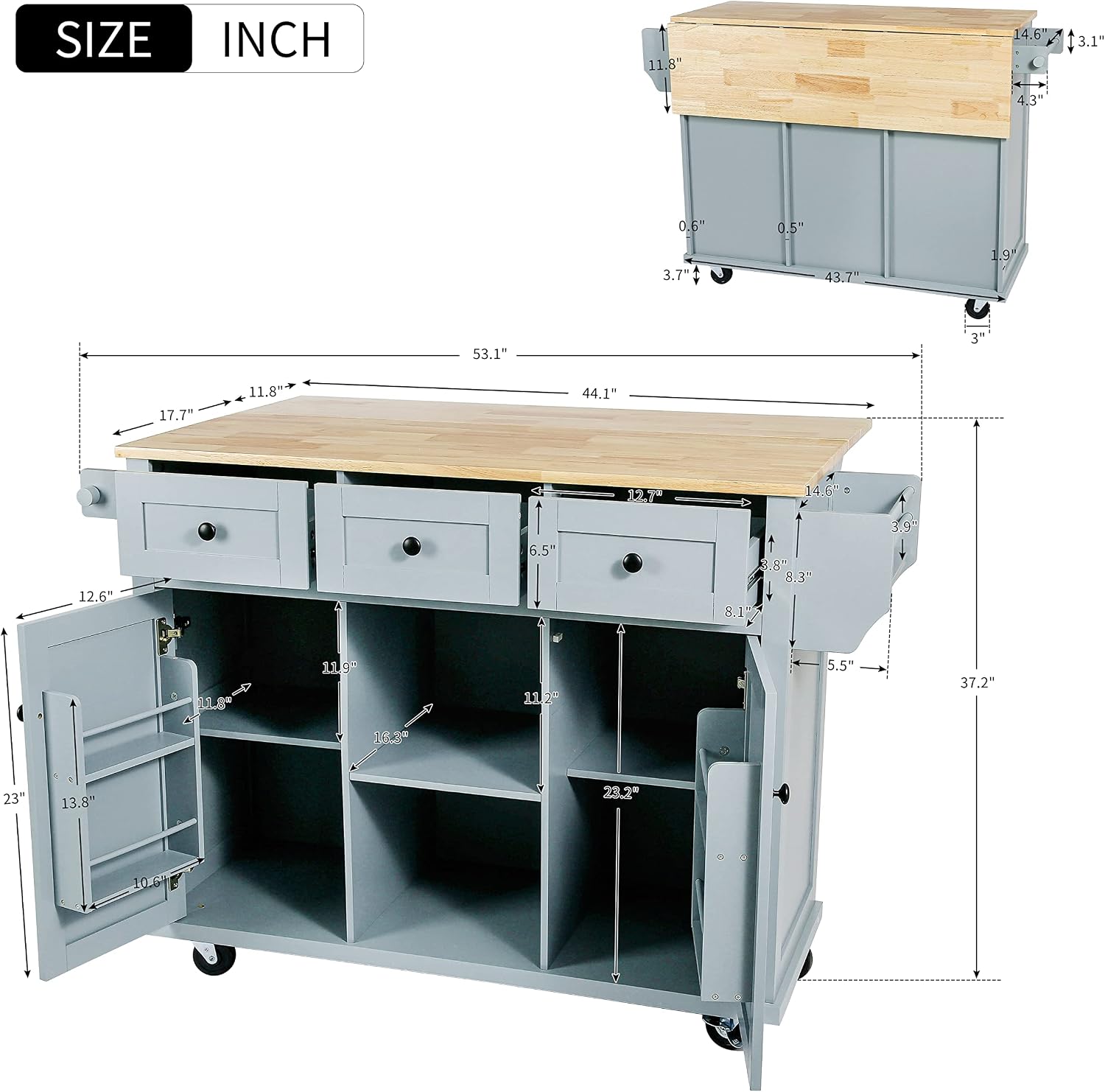 Modern Kitchen Island on 5 Wheels with Storage Cabinet and Drop-Leaf Countertop, Kitchen Cart with Cabinet Door Internal Storage Racks and 3 Drawers for Dinning Room (Grey Blue#M)