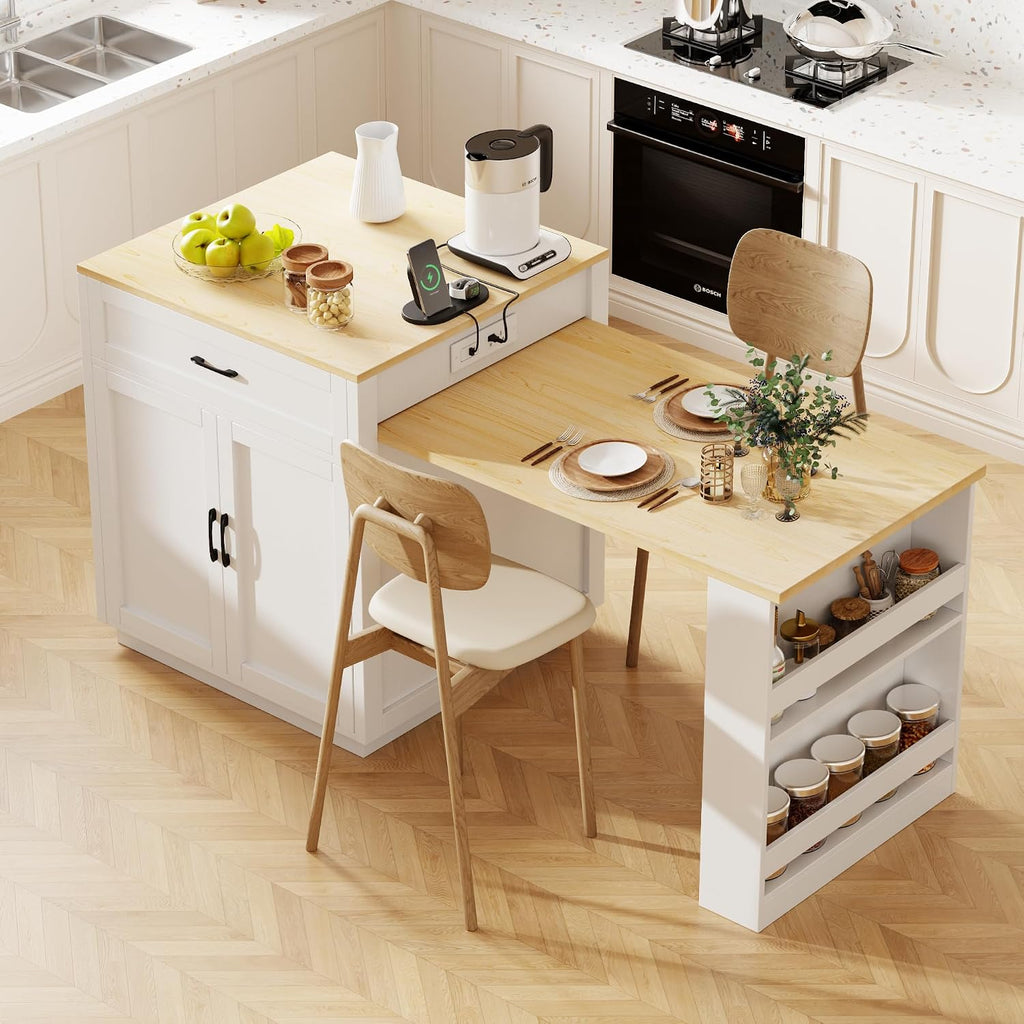 82.7 inches Kitchen Island with Extendable Table, Faux Mable Table with Double-Sized Storage, Power Outlet, 2 Drawers, 2 Side Open Shelves for Kitchen for 4-6 Person, Dining Room, White