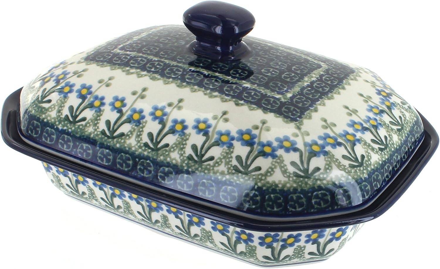 Blue Rose Polish Pottery - Blue Posy Medium Covered Baker - 3 Cup Capcaity - Unique, Dishwasher Safe, & Durable Bakeware
