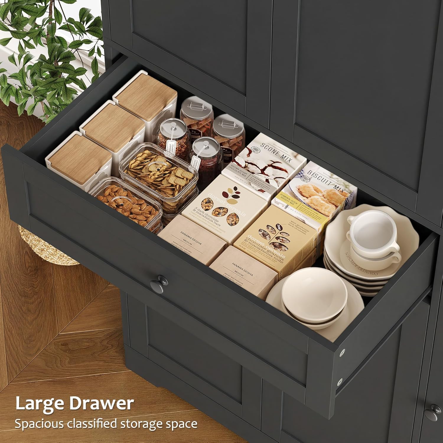 HOSTACK 68' Tall Kitchen Pantry Storage Cabinet, Modern Kitchen Hutch Cabinet with Doors and Shelves, Freestanding Food Pantry with Large Storage Drawer for Dining Room, Living Room, Black