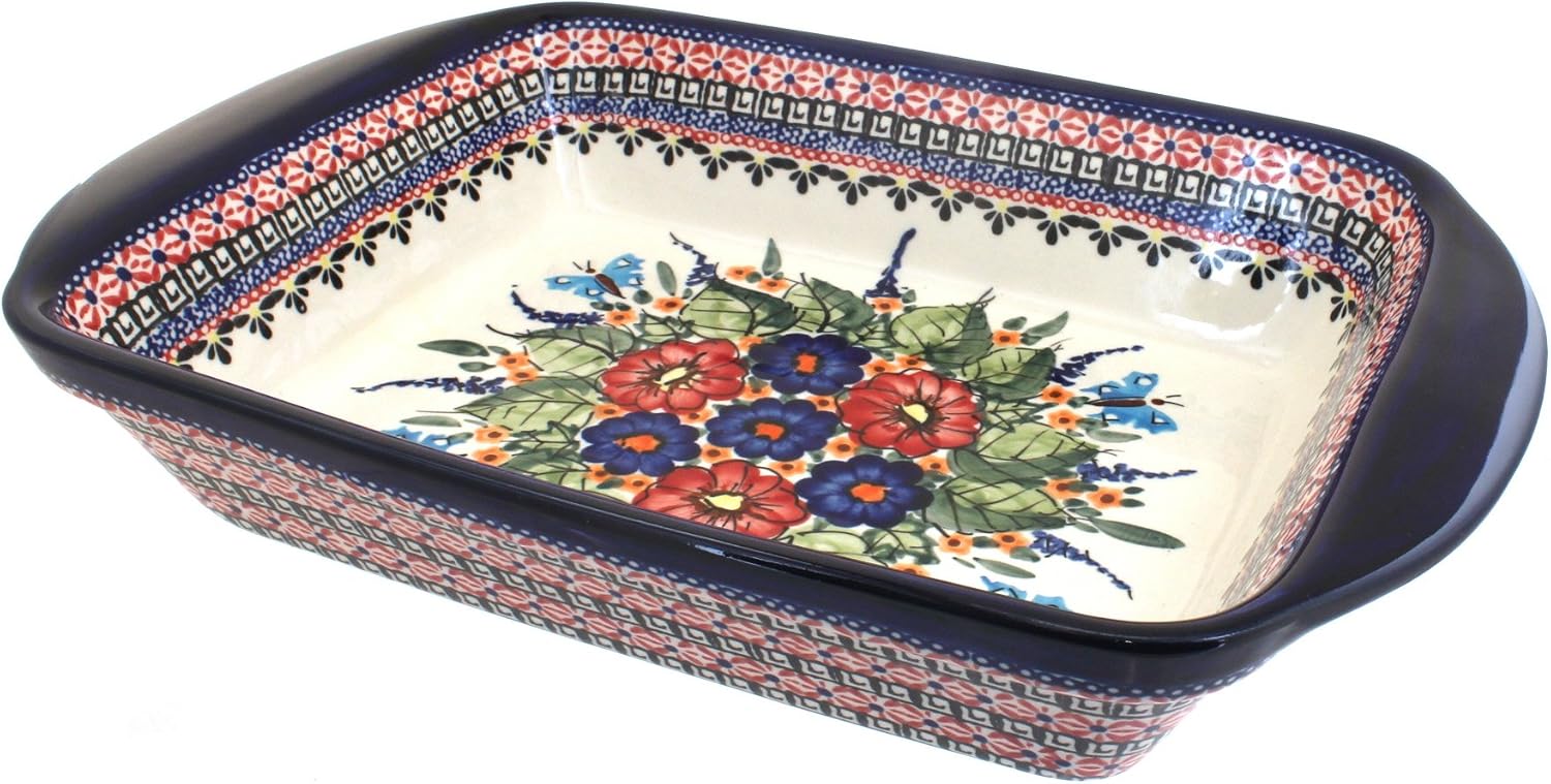 Blue Rose Polish Pottery - Red Floral Butterfly Large Rectangular Baker with Handles - 11.5' x 9.25' - Unique, Dishwasher Safe, & Durable Bakeware