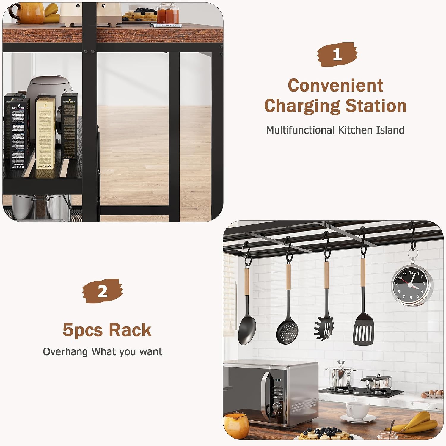 Kitchen Island with 3 Tier Storage Shelf, 42'' Wooden Island Table with Bakers Rack, Microwave Oven, 5 Hooks for Kitchen, Living Room, Dining Room, Modern Bar Table and Chairs Set for 2