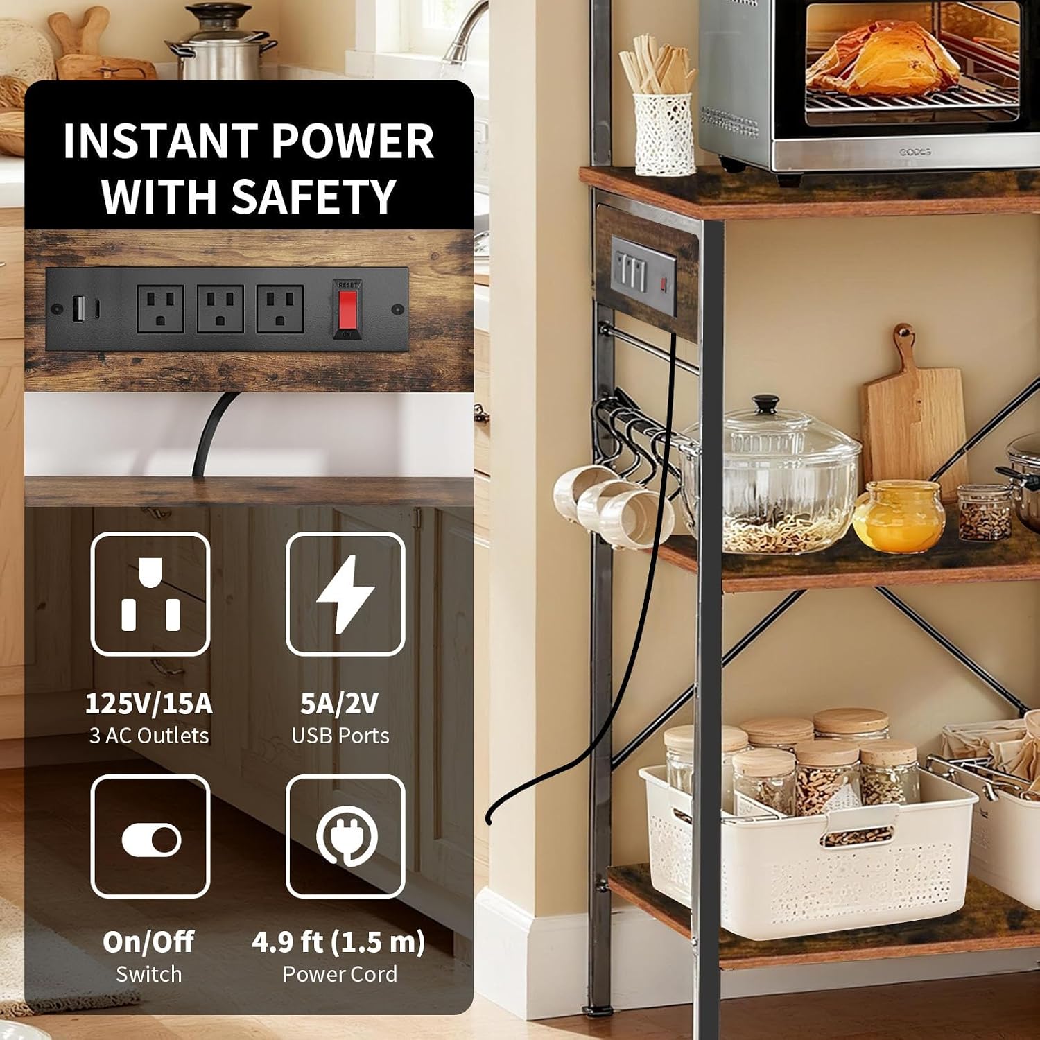 Bakers Rack with Power Outlet, Microwave Stand with Storage, Coffee Bar with S Shaped Hooks, Kitchen Shelf with Wire Basket, Metal Bakers Rack for Spices, Pots (Brown)