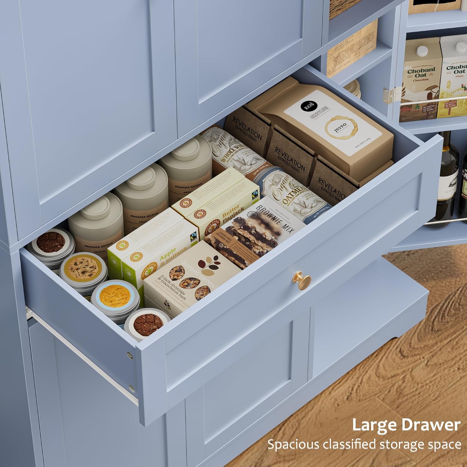 HOSTACK 68' Tall Kitchen Pantry Storage Cabinet, Modern Kitchen Hutch Cabinet with Doors and Shelves, Freestanding Food Pantry with Large Storage Drawer for Dining Room, Living Room, Light Blue