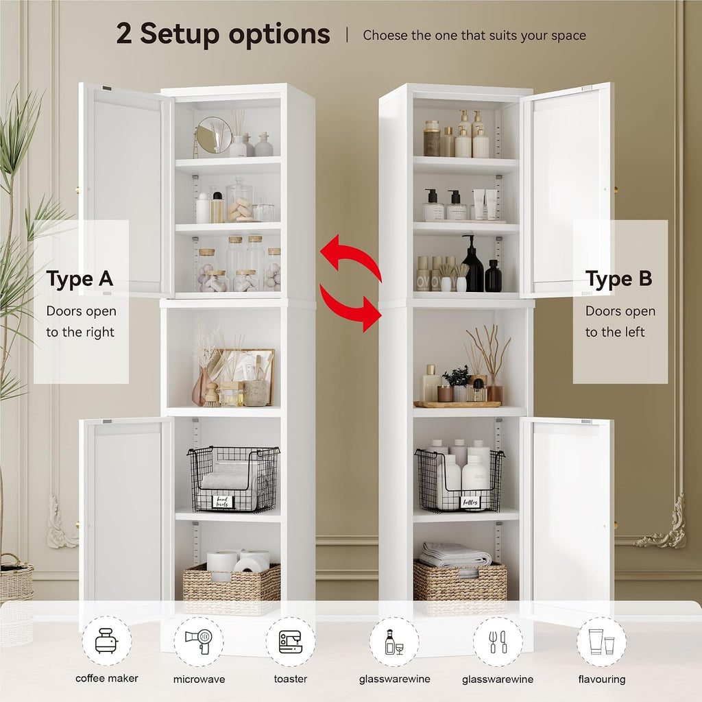 YAUWOH 2-Door Metal Storage Cabinet, Tall Slim Pantry Organizer with 3 Adjustable Shelves (120LBS/Shelf), Anti-Tipping Waterproof Cabinet for Bathroom/Kitchen/Home Office/Small Spaces, (1PC,White)