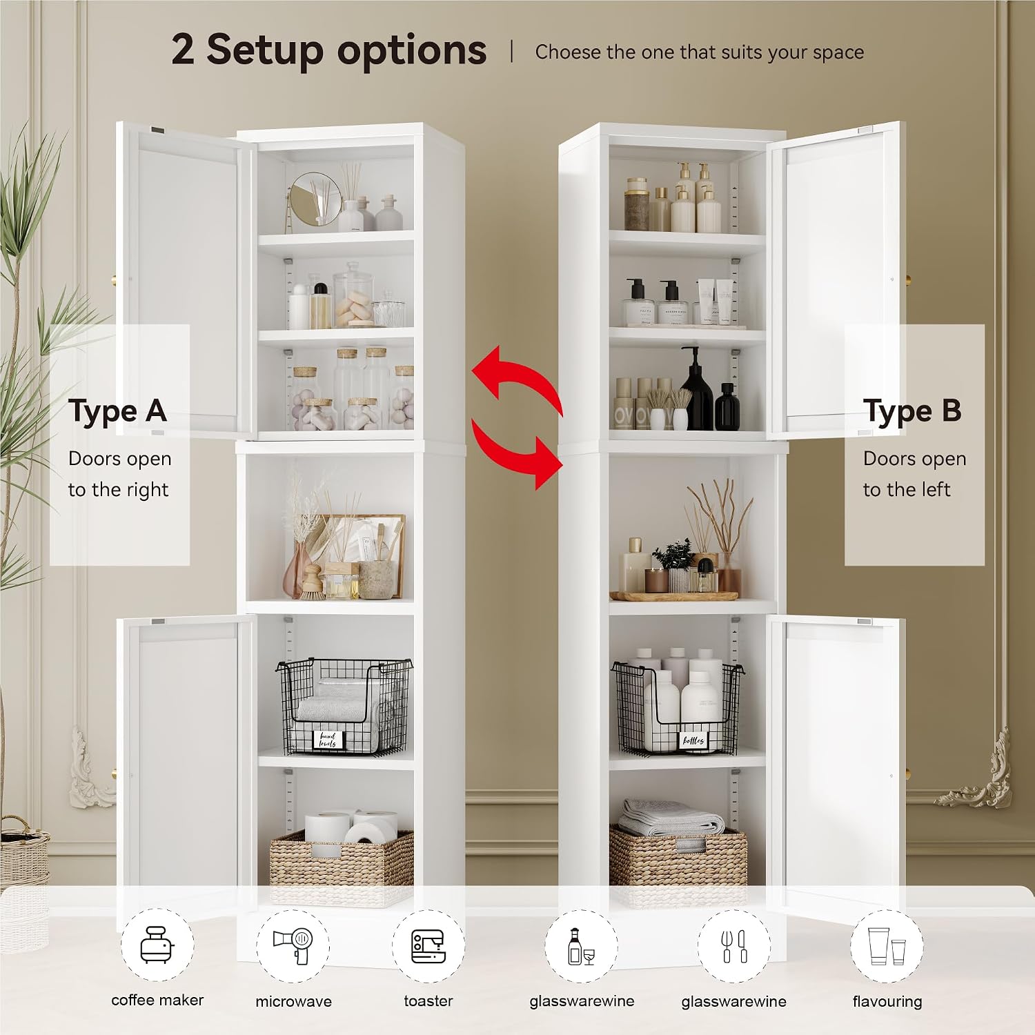 YAUWOH 2-Door Metal Storage Cabinet, Tall Slim Pantry Organizer with 3 Adjustable Shelves (120LBS/Shelf), Anti-Tipping Waterproof Cabinet for Bathroom/Kitchen/Home Office/Small Spaces, (1PC,White)