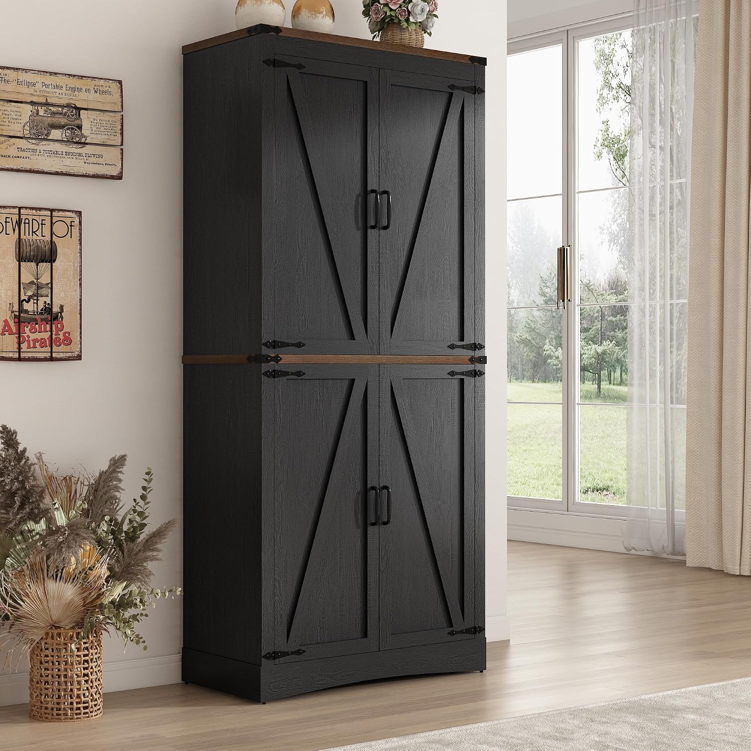 Hlivelood 71' Tall Kitchen Pantry,Farmhouse Storage Cabinet with Adjustable Shelves,Load-Bearing Steel Pipe,Farmhouse Pantry Cabinet with 4 Barn Doors,for Kitchen,Dining Room,Living Room(Black)