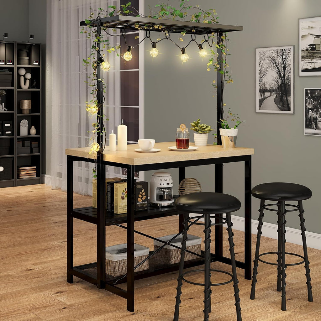TrailBlaze Kitchen Island Table with Storage, Bakers Rack with Power Outlet, 3 Tiers Microwave Oven Stand, Coffee Bar Table with 5 Hooks, Storage Shelf Rack for Kitchen Dining Room Living Room
