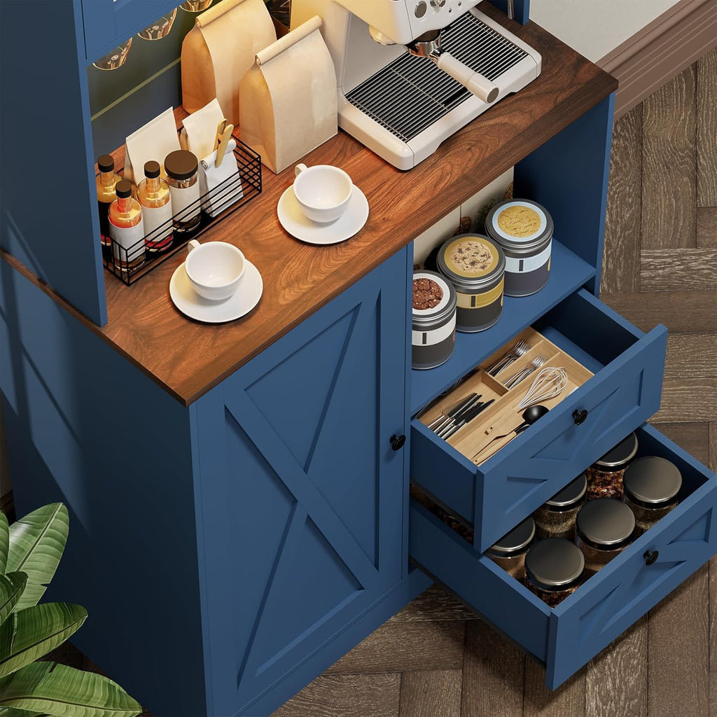 71''Kitchen Pantry Storage Cabinet with LED Lights and Power Outlet, Tall Farmhouse Kitchen Hutch with Microwave Stand,Globet Hooks and Adjustable Shelf for Dining Living Room,Blue