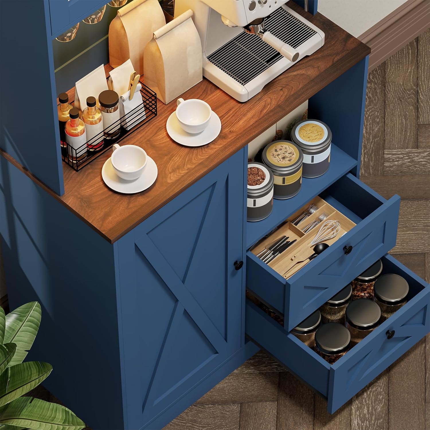 71''Kitchen Pantry Storage Cabinet with LED Lights and Power Outlet, Tall Farmhouse Kitchen Hutch with Microwave Stand,Globet Hooks and Adjustable Shelf for Dining Living Room,Blue