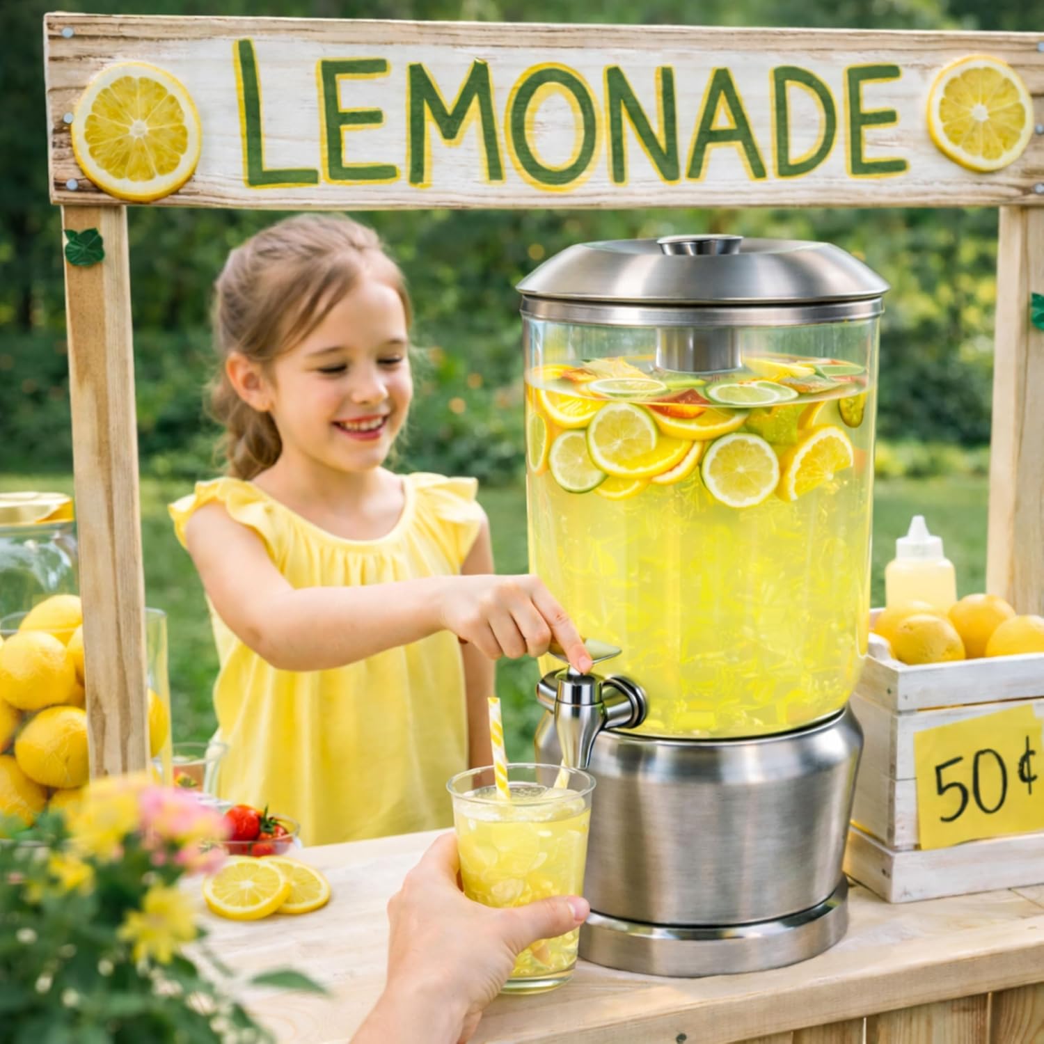 Drink Dispenser with Ice Chambers, Lemonade Tea Water Dispenser with Spigot, Stainless Steel Beverage Jar Jug, Perfect for Home Parties, Weddings, Gifts & Events (Silver, 5, Gallons)