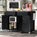 53.5' Farmhouse Rolling Kitchen Island Cart on Wheels with Power Outlet, Kitchen Storage Island with Drop Leaf, Spice Rack and Drawer for Dining Room Kitchens Living Room Black