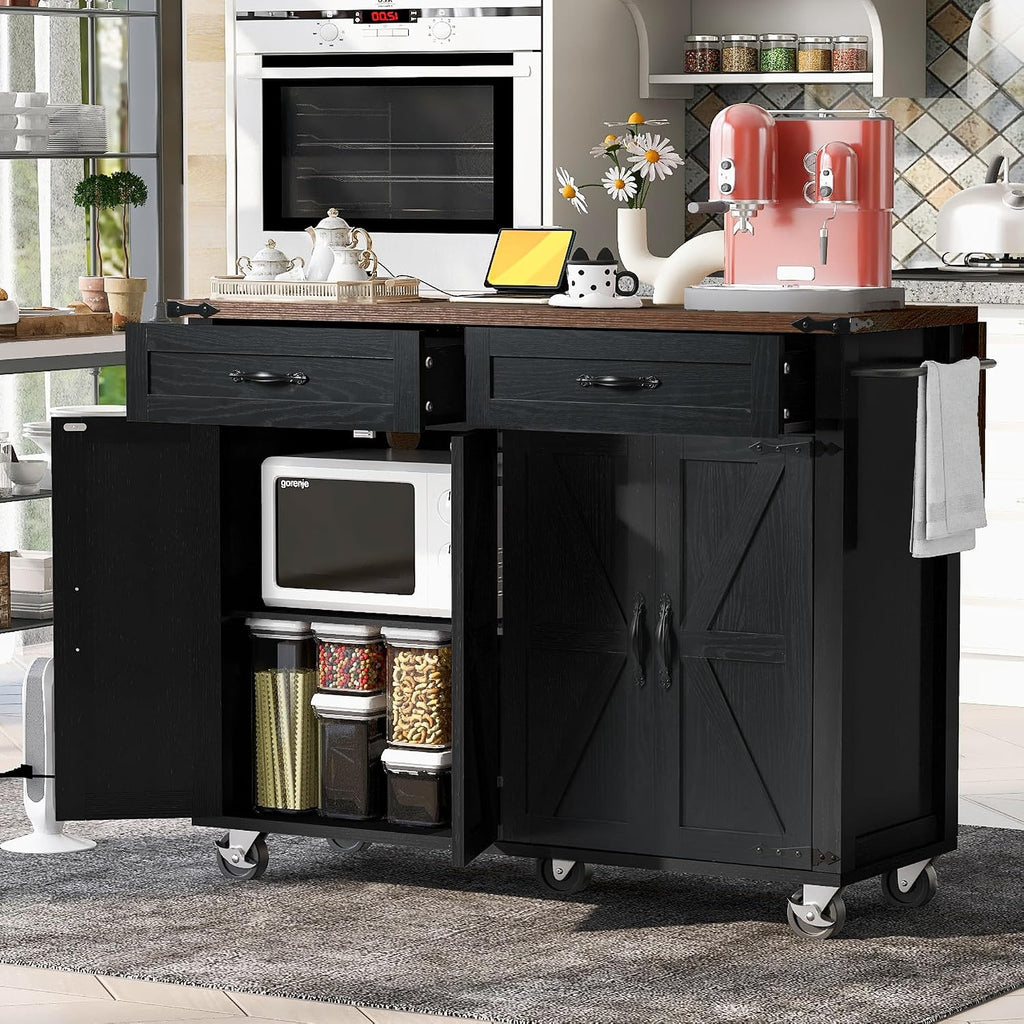 Farmhouse Kitchen Island,Large Rolling Kitchen Cart on Wheels Black | Solid Wood Storage Island with Drop Leaf, Spice Rack and Drawer,Power Outlet