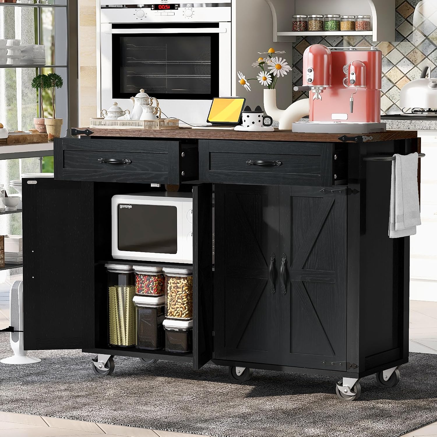 Farmhouse Kitchen Island,Large Rolling Kitchen Cart on Wheels Black | Solid Wood Storage Island with Drop Leaf, Spice Rack and Drawer,Power Outlet