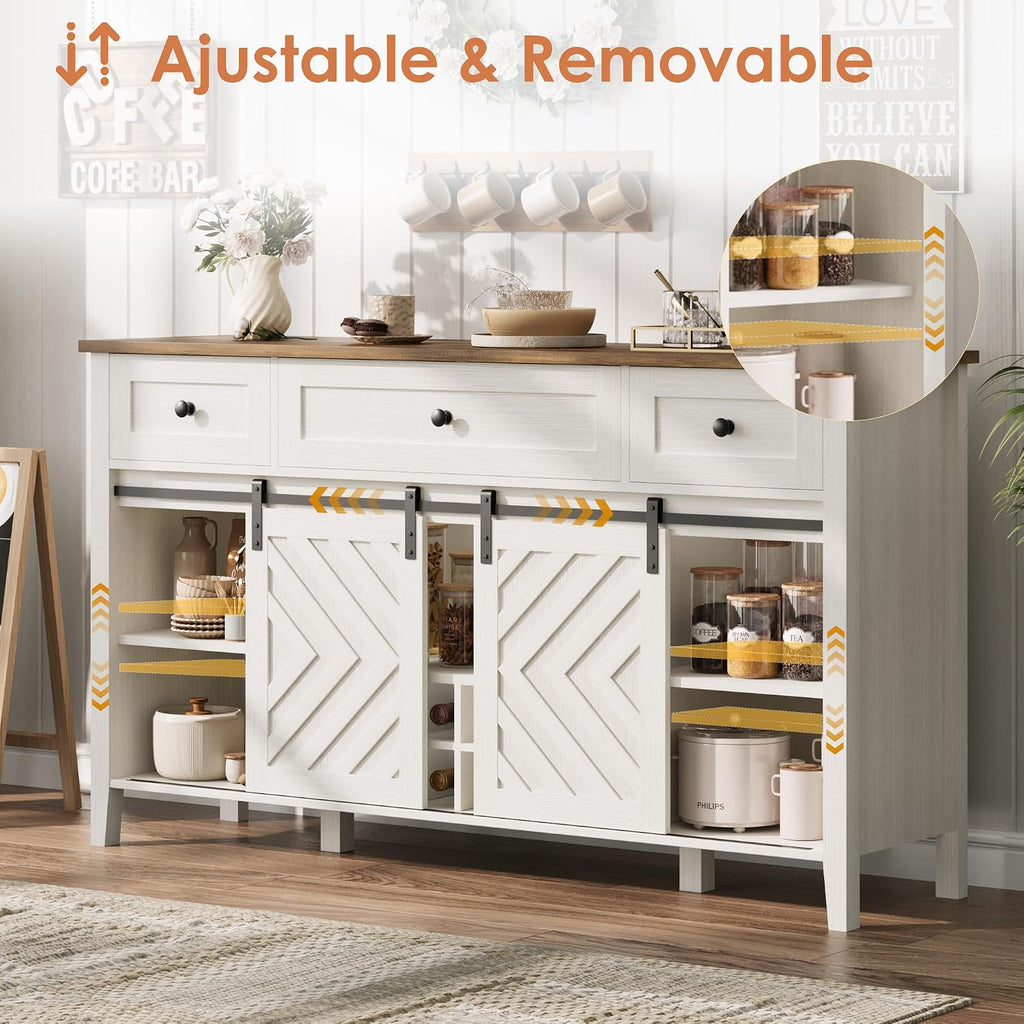 CABIHOME Farmhouse 47.2'' Buffet Cabinet with Sliding Barn Door, 33.4'' Tall Wood Rustic Sideboard with 3 Drawer, Adjustable Shelf and Removable Wine Rack (White, 59'')