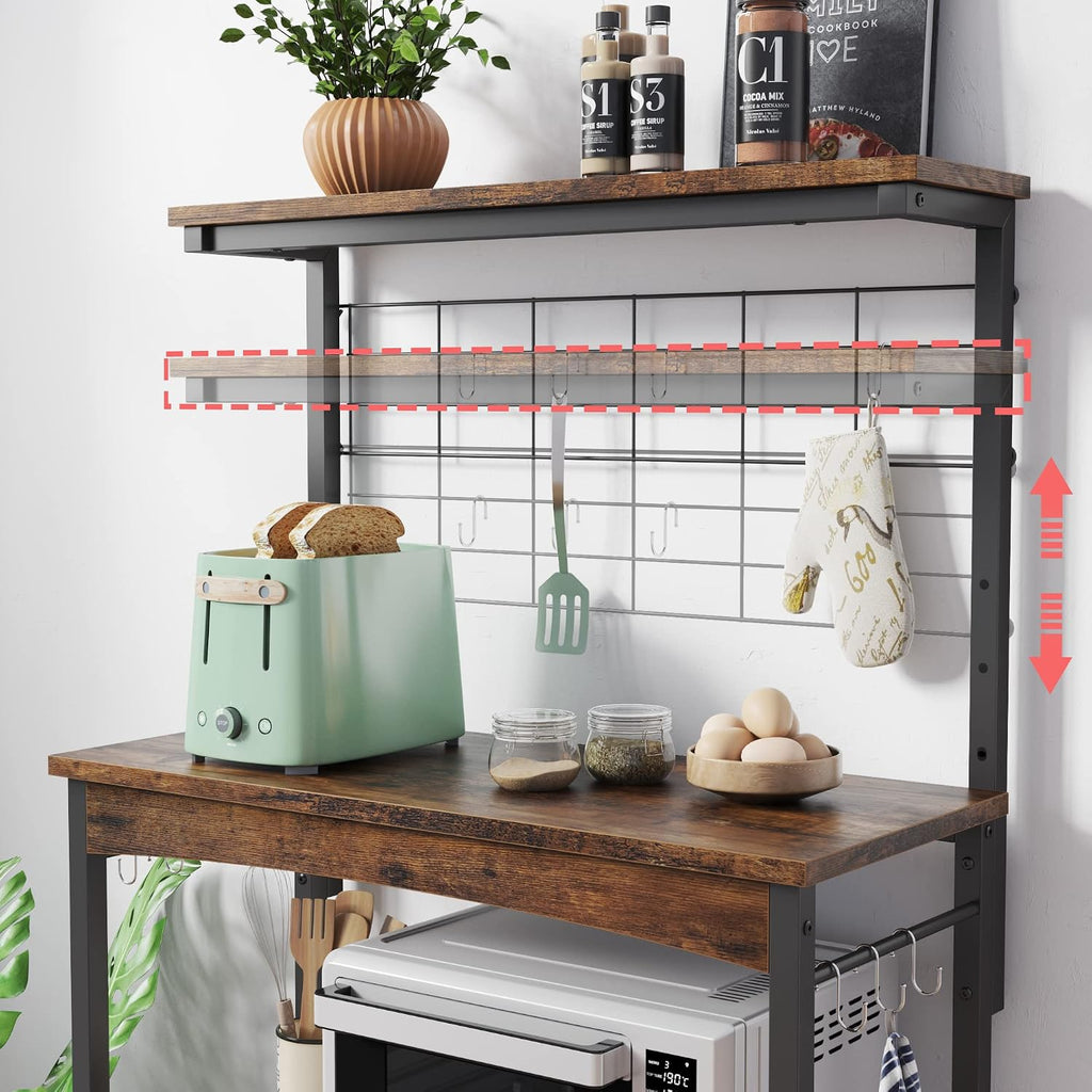 Bestier Bakers Racks with Storage Cabinet, Height-Adjustable 45' to 55' Microwave Stand for Kitchen with Wheels & Feet, Industrial Rolling Coffee Bar Shelf with 10 S-Hooks Rustic Brown