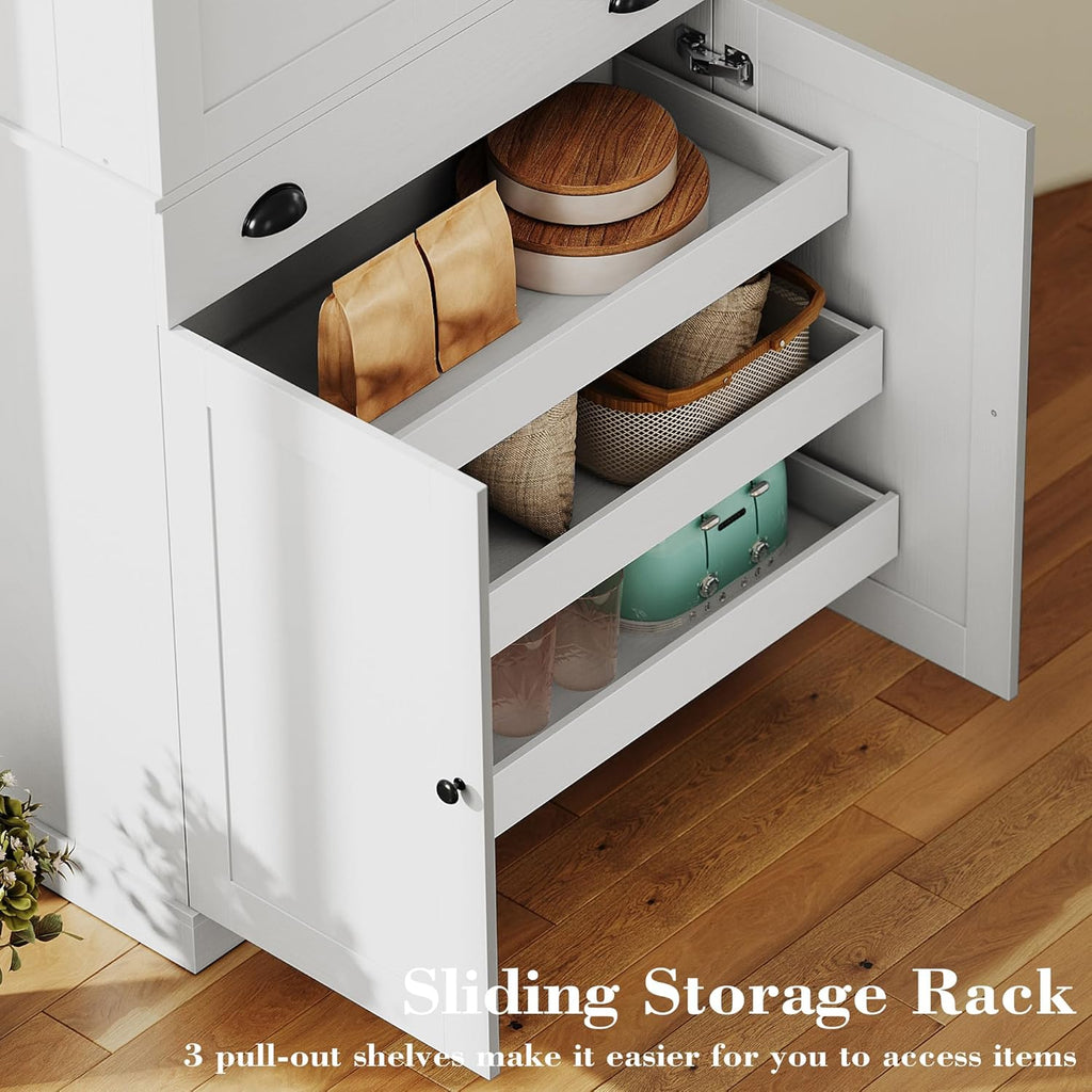 IRONCK Kitchen Pantry Cabinet 72' Height, Freestanding Cupboard with Drawer, Sliding Storage Rack, and 6 Hanging Shelves for Dining Room, Laundry, White