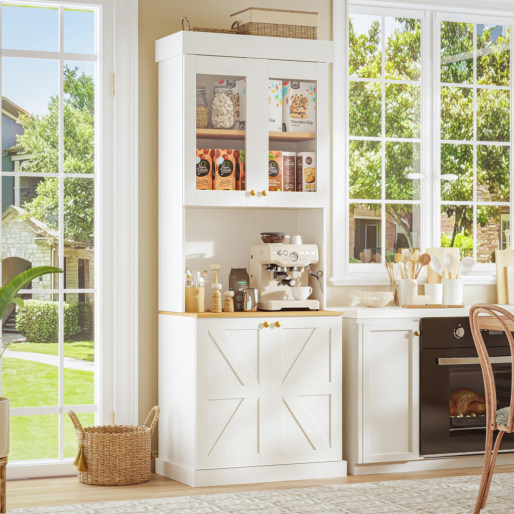 71' Tall Farmhouse Kitchen Pantry, Large Storage Cabinet with Glass Doors and Drawers, Freestanding Coffee Bar Hutch with Microwave Stand, Adjustable Shelves for Kitchen, Living Room, White 4 Pcs