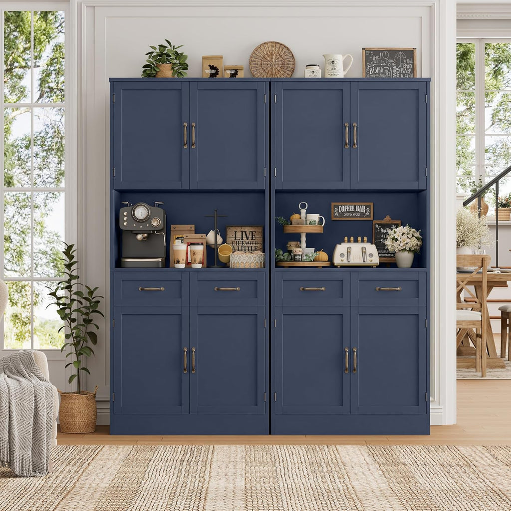 HOSTACK 71' Tall Kitchen Pantry Storage Cabinet, Modern Kitchen Hutch Bar Cabinet with Microwave Stand, Wood Buffet Sideboard with Hutch, Cupboard with Drawers, Shelves for Dining Room, Blue
