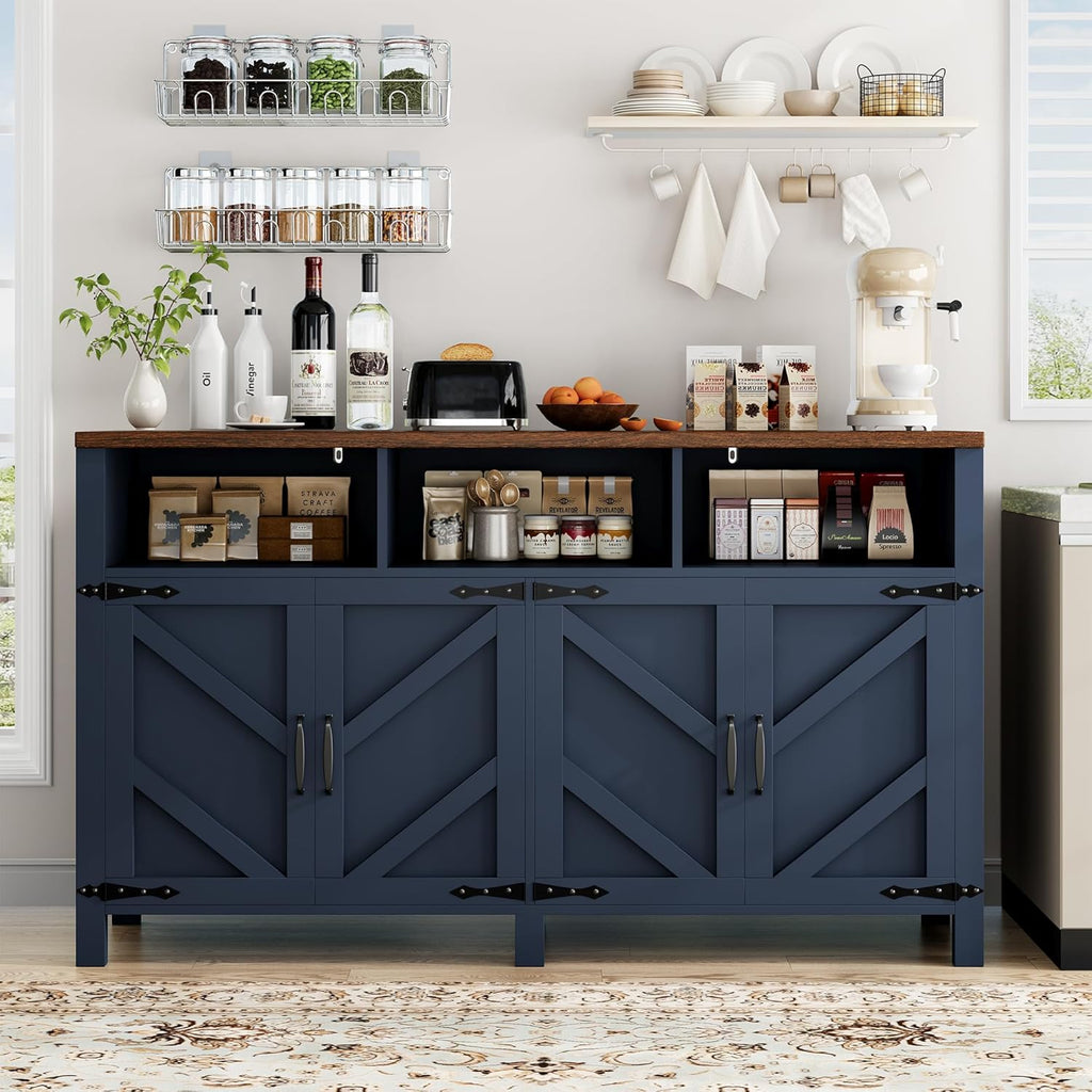 knoworld Buffet Sideboard with Storage Farmhouse with 4 Doors, 55'' Large Kitchen Storage Cabinet Wood Coffee Bar Buffet Table for Kitchen, Dining Room (Blue, 55 in)