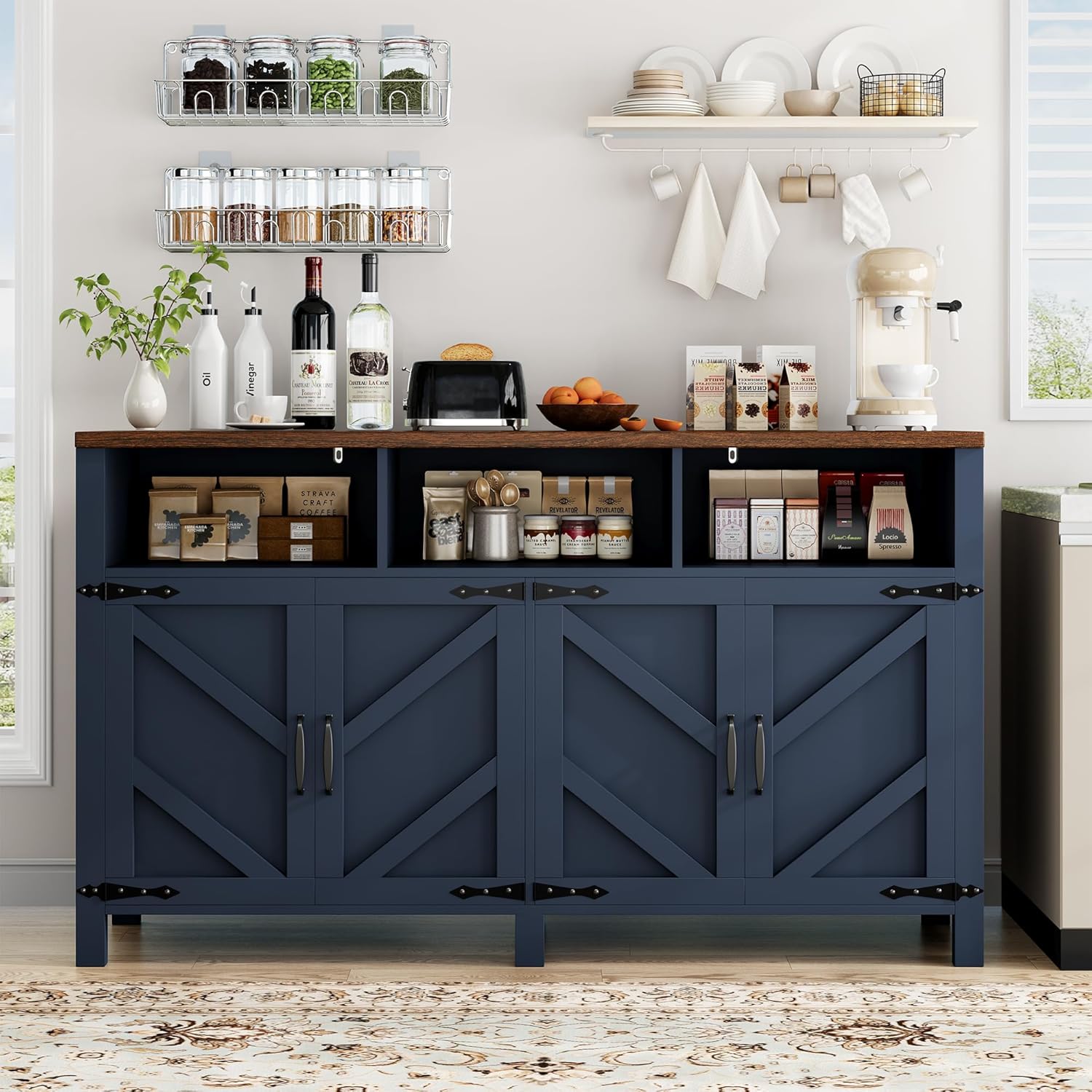 knoworld Buffet Sideboard with Storage Farmhouse with 4 Doors, 55'' Large Kitchen Storage Cabinet Wood Coffee Bar Buffet Table for Kitchen, Dining Room (Blue, 55 in)