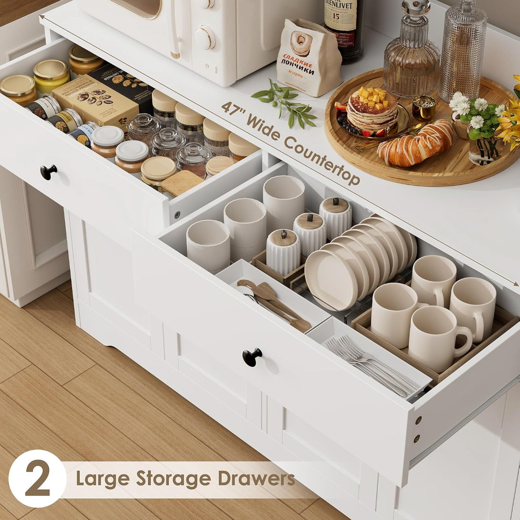 71' LED Kitchen Pantry Cabinet with Power Outlet, Large Kitchen Hutch Storage Cabinet with Arched Door & Shelves & 2 Drawers, Tall Modern Coffee Bar with Hutch for Home Dining Living Room, White