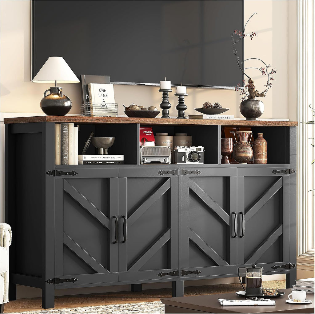 knoworld Buffet Sideboard with Storage Farmhouse with 4 Doors, 55'' Large Kitchen Storage Cabinet Wood Coffee Bar Cabinet Buffet Table with Shelves for Kitchen, Dining Room, Entryway (Black, 55 in)
