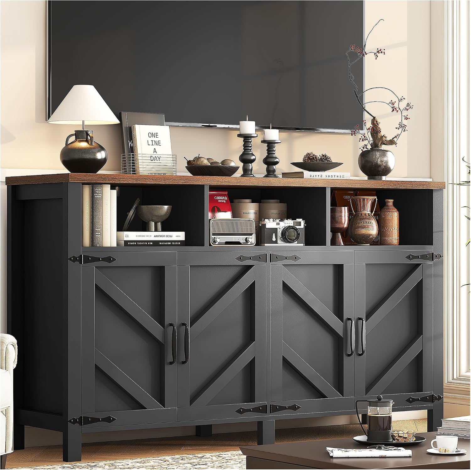 knoworld Buffet Sideboard with Storage Farmhouse with 4 Doors, 55'' Large Kitchen Storage Cabinet Wood Coffee Bar Cabinet Buffet Table with Shelves for Kitchen, Dining Room, Entryway (Black, 55 in)