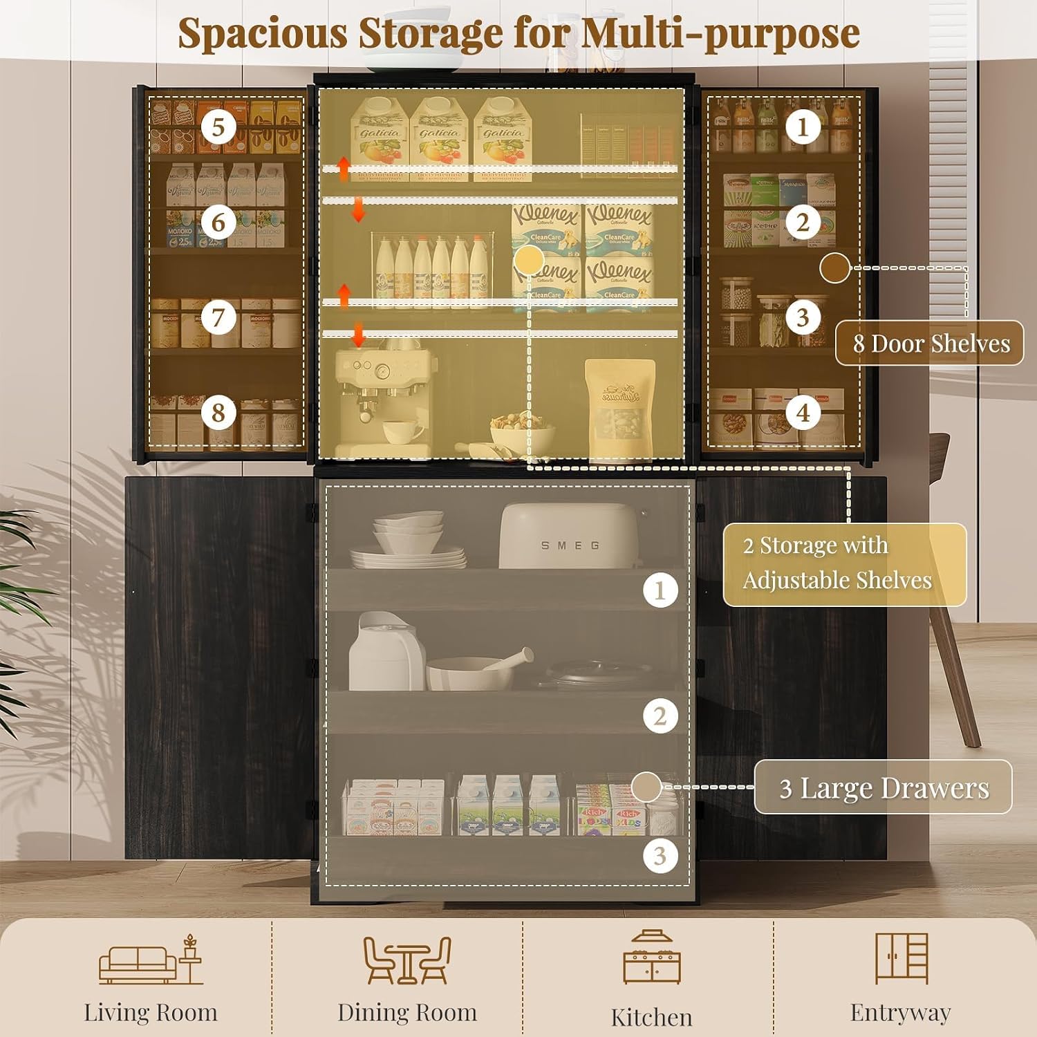 REVOMINCA Pantry Cabinet, 72 Inch Tall Kitchen Pantry Cabinet with Barn Door, Freestanding Storage Cabinet with Drawer & Adjustable Shelves, Pantry Organizer for Kitchen Dining Room Living Room, Oak