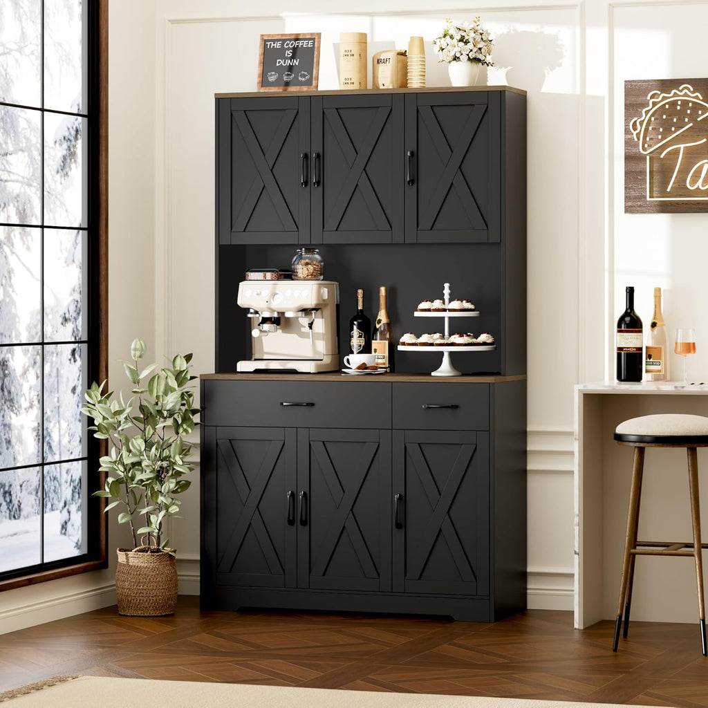 HOSTACK 71' Pantry Cabinet with Charging Station, Tall Kitchen Pantry Storage Cabinet with Microwave Stand, Farmhouse Kitchen Hutch with Storage Drawers for Living Room, Dining Room, Black