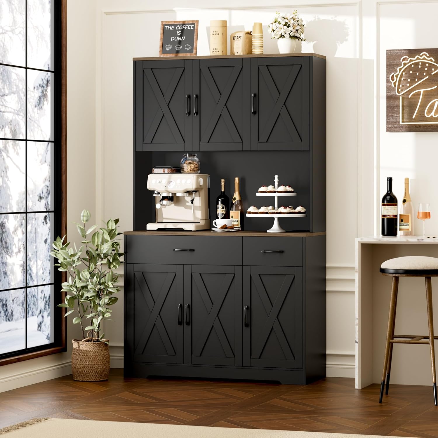 HOSTACK 71' Pantry Cabinet with Charging Station, Tall Kitchen Pantry Storage Cabinet with Microwave Stand, Farmhouse Kitchen Hutch with Storage Drawers for Living Room, Dining Room, Black