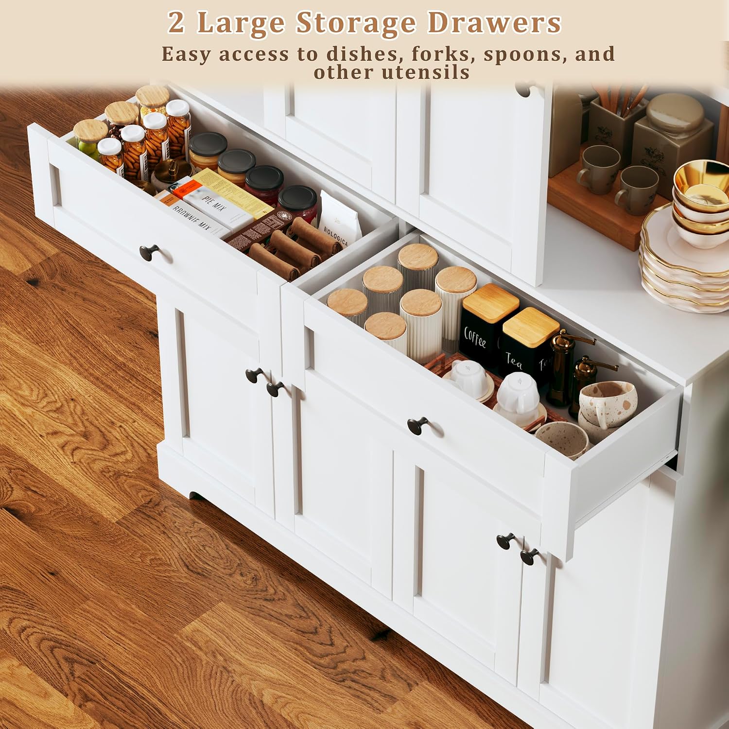 HUAHUU 71' Kitchen Pantry Cabinet with 6 Door Shelves, Tall Pantry Storage Cabinet with 8 Doors & 4 Adjustable Shelves, Modern Kitchen Pantry with 2 Large Drawers for Dining Room, Living Room, White