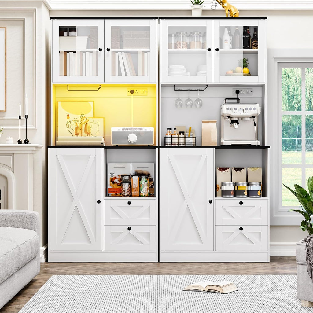 71''Kitchen Pantry Storage Cabinet with LED Lights and Power Outlet, Tall Farmhouse Kitchen Hutch with Microwave Stand,Globet Hooks and Adjustable Shelf for Dining Living Room,White