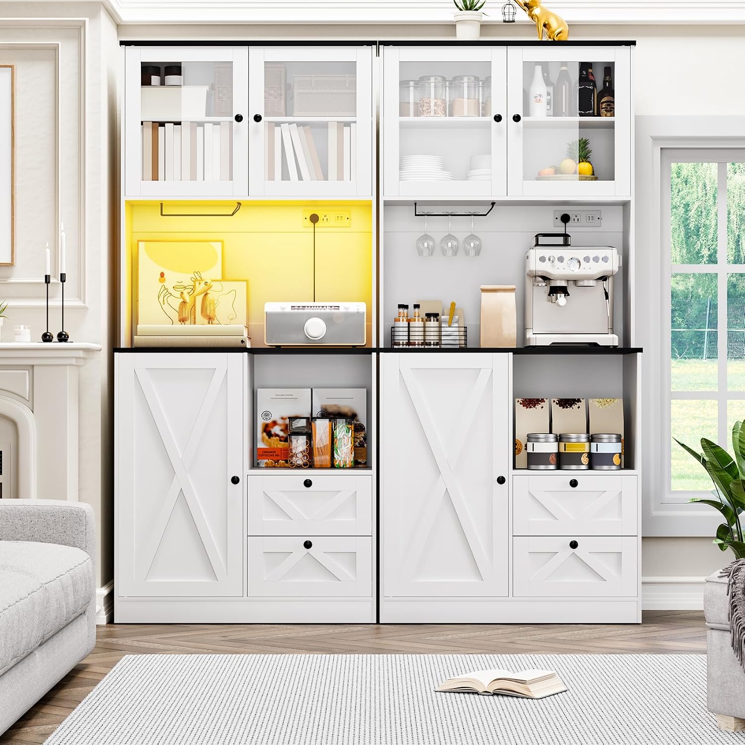 71''Kitchen Pantry Storage Cabinet with LED Lights and Power Outlet, Tall Farmhouse Kitchen Hutch with Microwave Stand,Globet Hooks and Adjustable Shelf for Dining Living Room,White