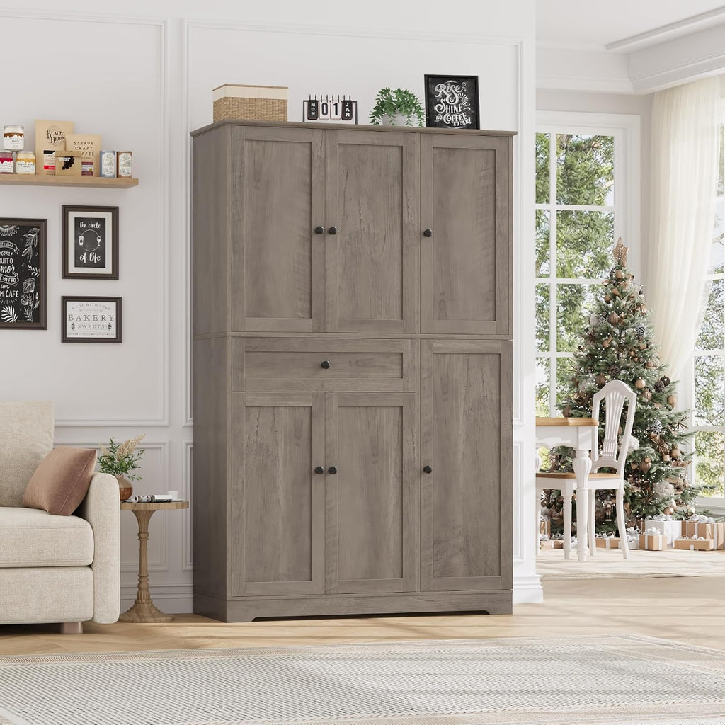 HOSTACK 68' Tall Kitchen Pantry Storage Cabinet, Modern Kitchen Hutch Cabinet with Doors and Shelves, Freestanding Food Pantry with Large Storage Drawer for Dining Room, Living Room, Ash Gray