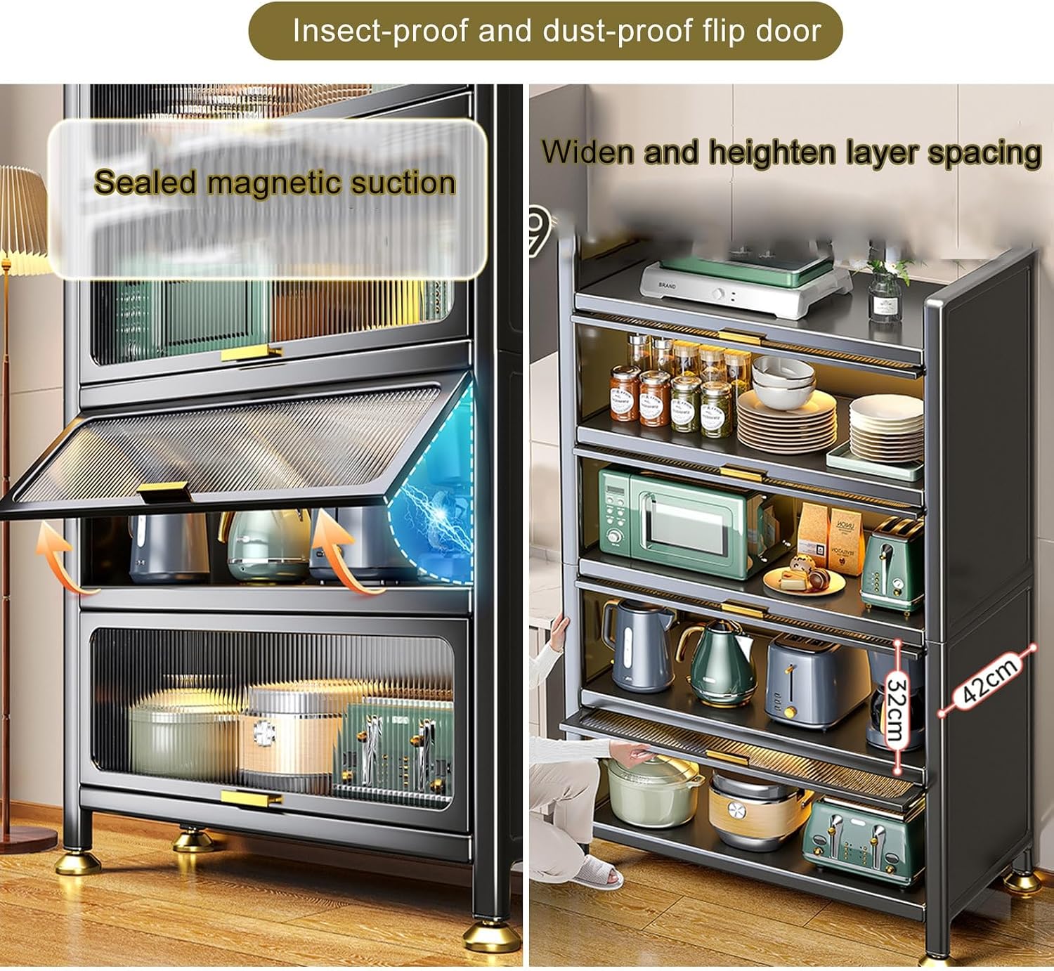 ,Freestanding Baker's Rack with Flip Door,Microwave Stand,Modern Sideboard,for, Living Room, Office,Metal Storage Rack,Black-80x42x144cm