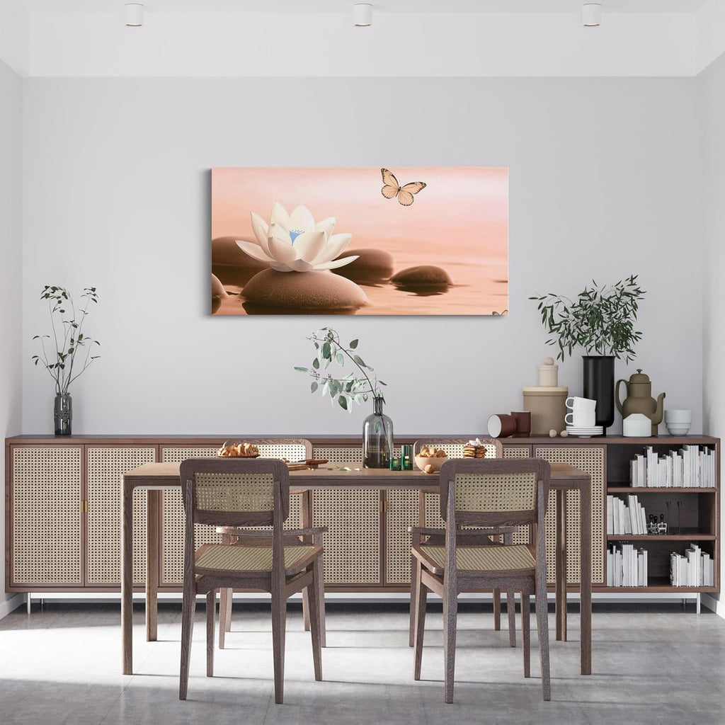 Erosebridal Lotus Water Lily Flower Canvas Wall Decor 58''X 29'',Butterfly Animal Artwork Poster,Zen Stone Simple Skin Color Pattern Large Wall Art
