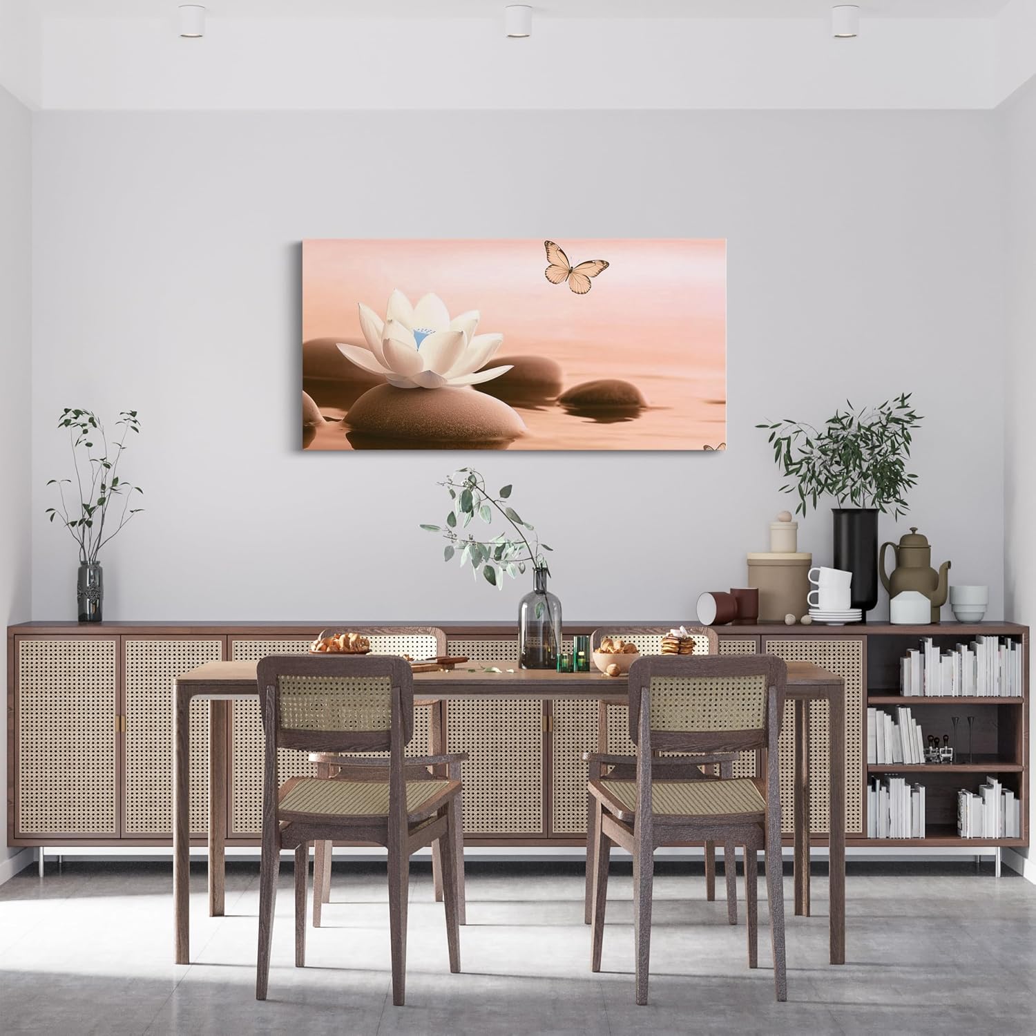 Erosebridal Lotus Water Lily Flower Canvas Wall Decor 58''X 29'',Butterfly Animal Artwork Poster,Zen Stone Simple Skin Color Pattern Large Wall Art