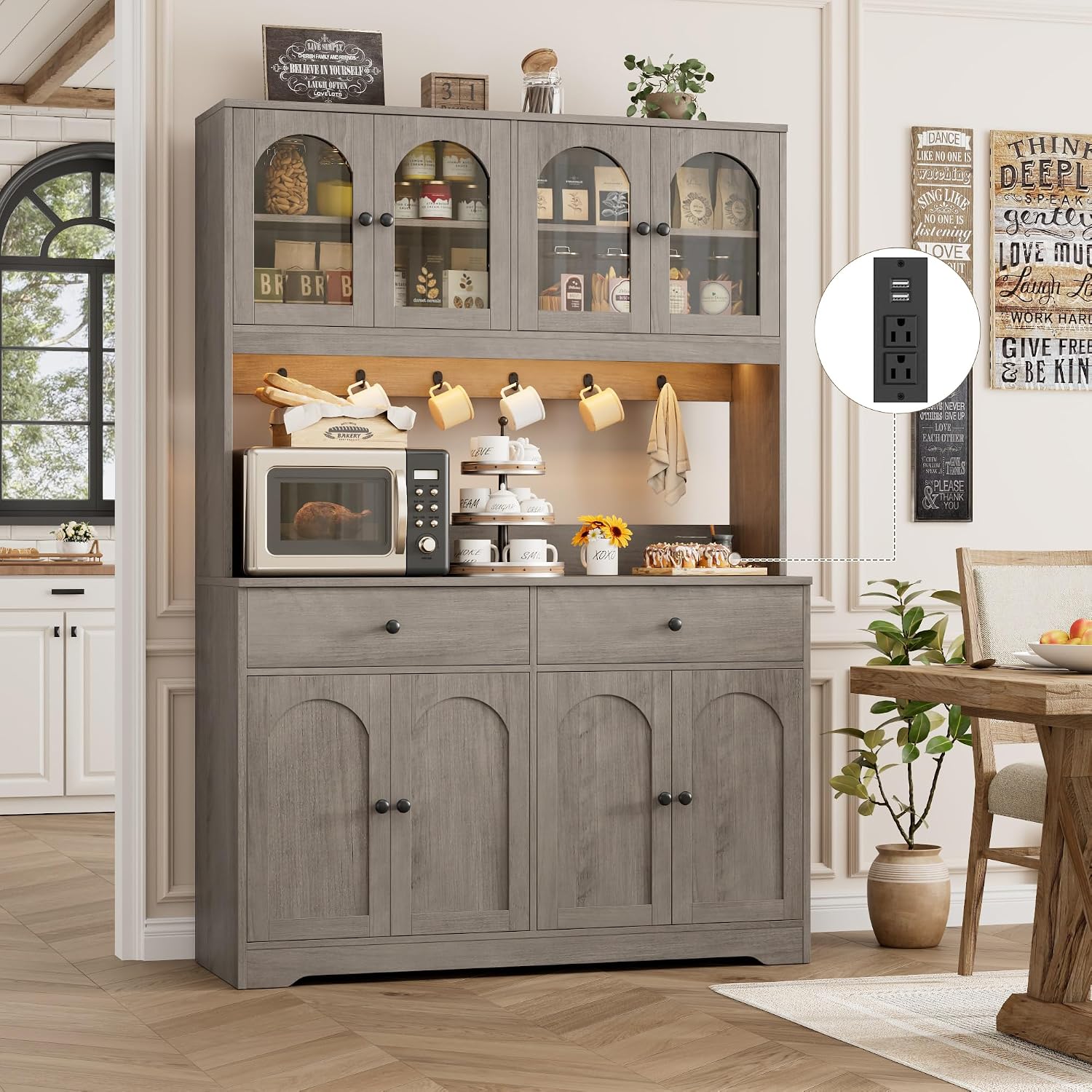 HIFIT 71' LED Kitchen Pantry Cabinet with Power Outlet, Large Kitchen Hutch Storage Cabinet with Arched Door, Shelves, 2 Drawer, Tall Farmhouse Coffee Bar w/Hutch for Home Dining Living Room, Ash Grey