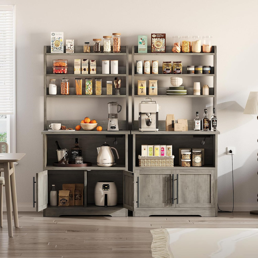 3-Shelf Rustic Baker's Rack with Storage Cabinet, Microwave Stand with Power Outlets and USB Ports, Thickened Counter, Coffee Bar Storage Shelves, Small Kitchen Bakers Rack