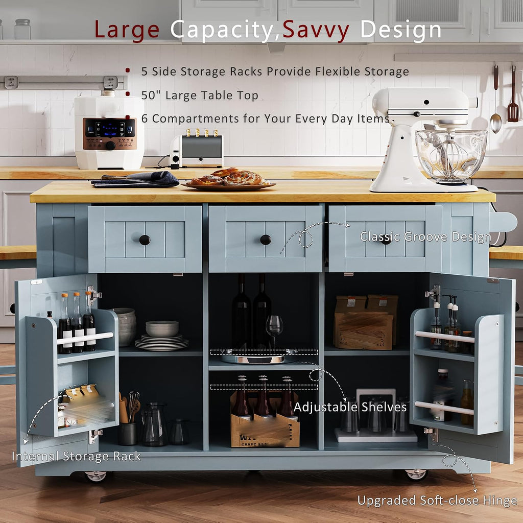 53' Large Kitchen Island with Drop Leaf and Power Outlet Rolling Kitchen Cart with 5 Wheels Internal Door Storage Racks and 5 Side Racks Grey Blue