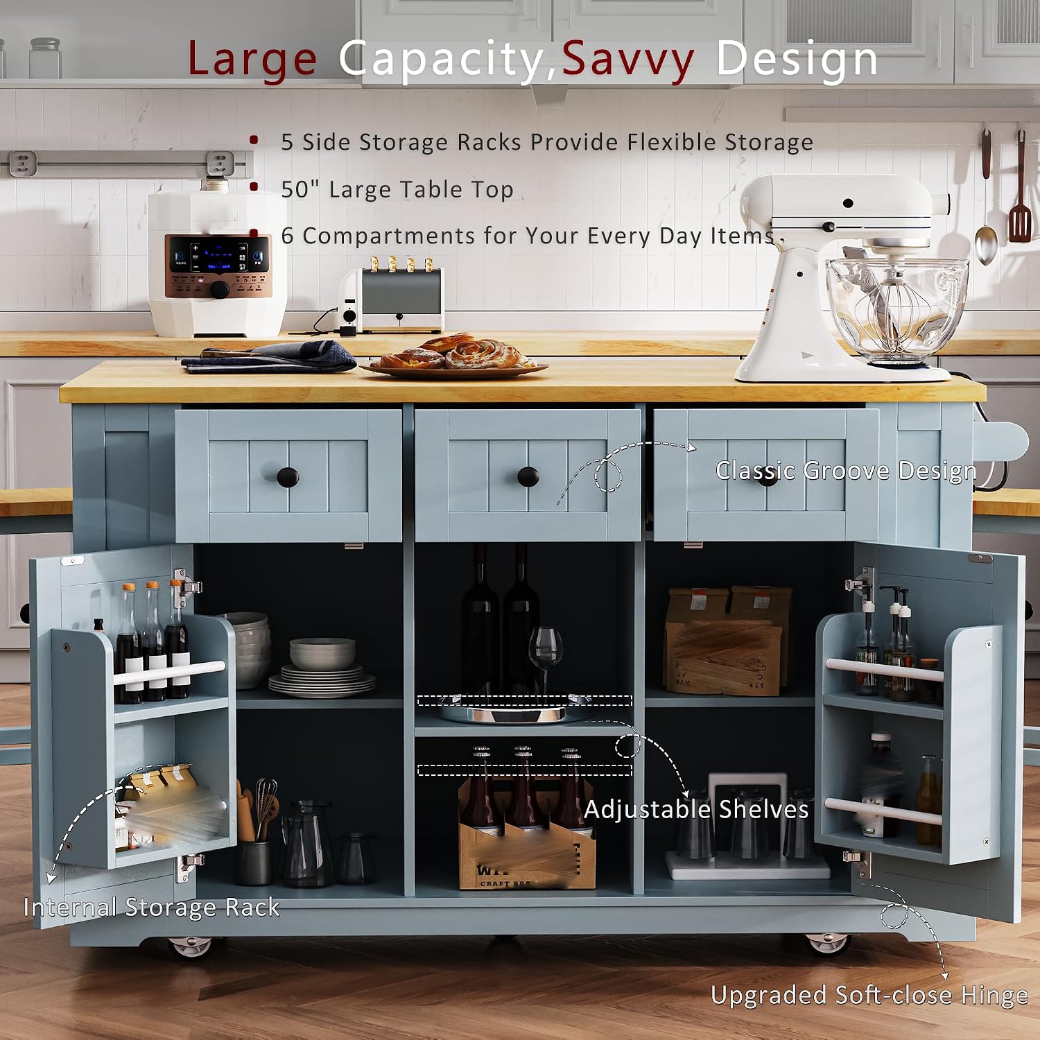53' Large Kitchen Island with Drop Leaf and Power Outlet Rolling Kitchen Cart with 5 Wheels Internal Door Storage Racks and 5 Side Racks Grey Blue