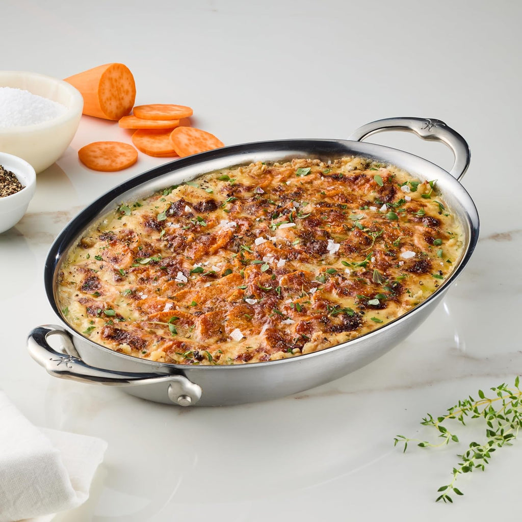 Hestan Provisions Oval Au Gratin Baking Dish, 2 Quart Clad Stainless Steel, 12.5 x 9 Inch - Oven Safe 600F, Kitchen to Table Serving, Designed with Thomas Keller