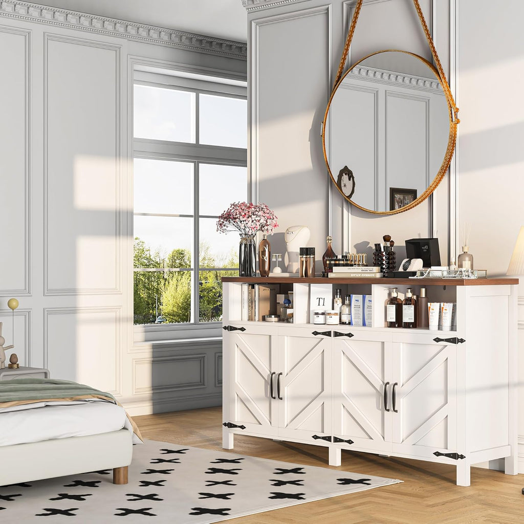 knoworld Buffet Sideboard with Storage Farmhouse with 4 Doors, 55'' Large Kitchen Storage Cabinet Wood Coffee Bar Cabinet Buffet Table with Shelves for Kitchen, Dining Room, Entryway